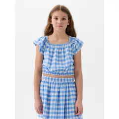 GAP - Blusa Niña Manga Con Vuelos Cuadros Azul