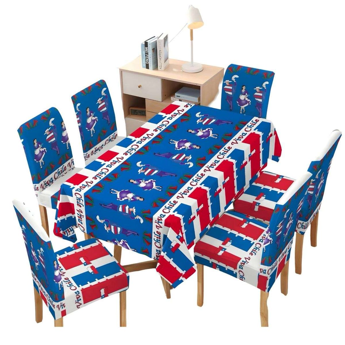 GENERICO - MANTEL FIESTAS PATRIAS DE TELA CON FUNDAS DE SILLAS ELASTICADAS M3