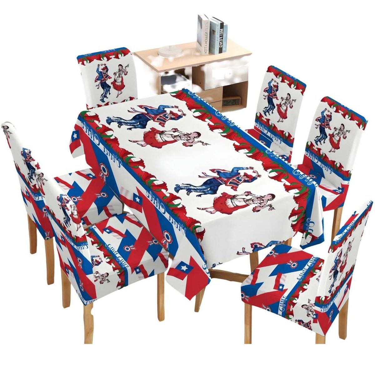 GENERICO - MANTEL FIESTAS PATRIAS DE TELA CON FUNDAS DE SILLAS ELASTICADAS M6
