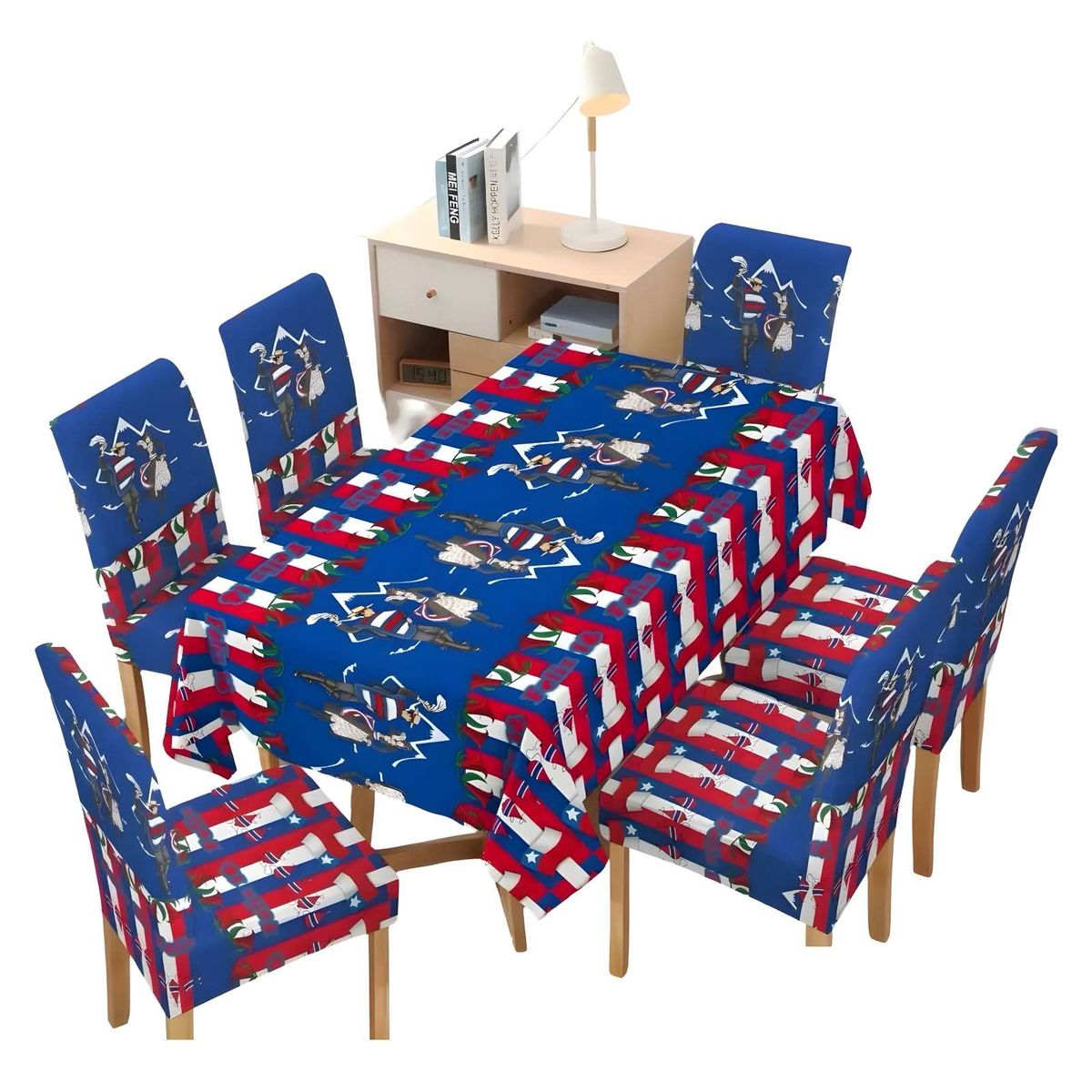 GENERICO - MANTEL FIESTAS PATRIAS DE TELA CON FUNDAS DE SILLAS ELASTICADAS M5