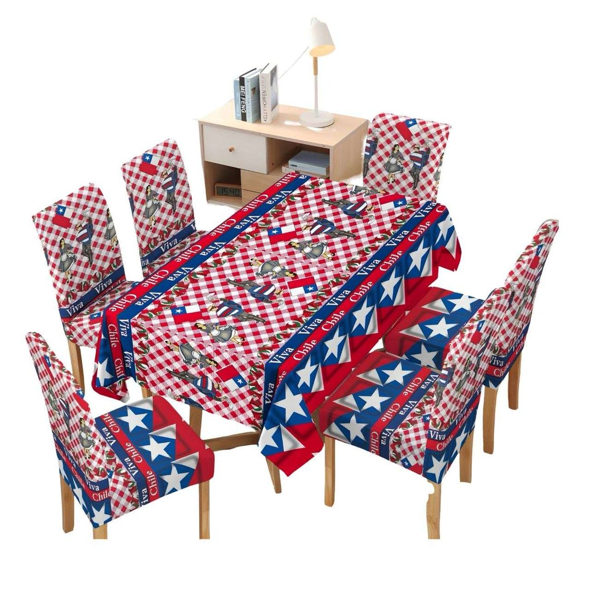 GENERICO - MANTEL FIESTAS PATRIAS DE TELA CON FUNDAS DE SILLAS ELASTICADAS M4