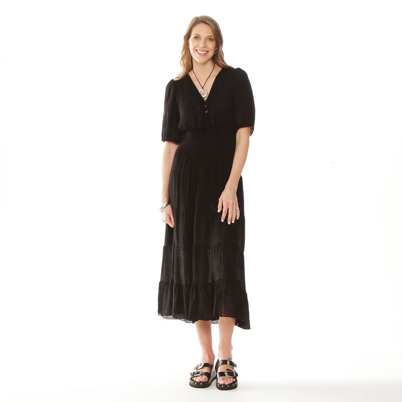 WADOS - VESTIDO MANGA 3/4 SOLIDO ESCOTE V Y CINTURA ELASTICADA