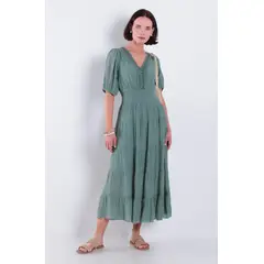WADOS - VESTIDO MANGA 3/4 SOLIDO ESCOTE V Y CINTURA ELASTICADA