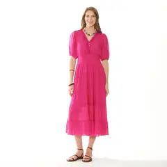 WADOS - VESTIDO MANGA 3/4 SOLIDO ESCOTE V Y CINTURA ELASTICADA