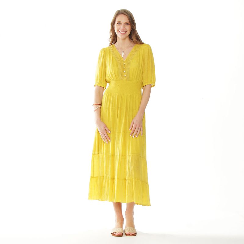 WADOS - VESTIDO MANGA 3/4 SOLIDO ESCOTE V Y CINTURA ELASTICADA