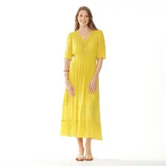 WADOS - VESTIDO MANGA 3/4 SOLIDO ESCOTE V Y CINTURA ELASTICADA