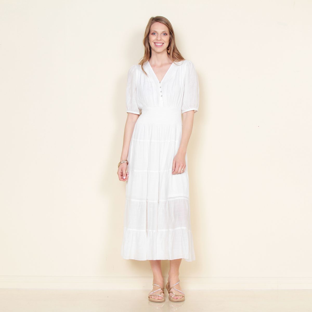 WADOS - VESTIDO MANGA 3/4 SOLIDO ESCOTE V Y CINTURA ELASTICADA