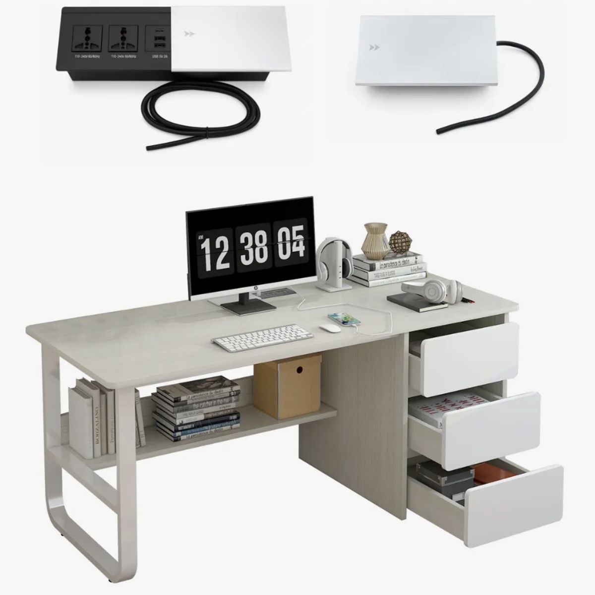 HOMER DESIGN - Escritorio 140cm con Enchufe Tapa Deslizable Integrado