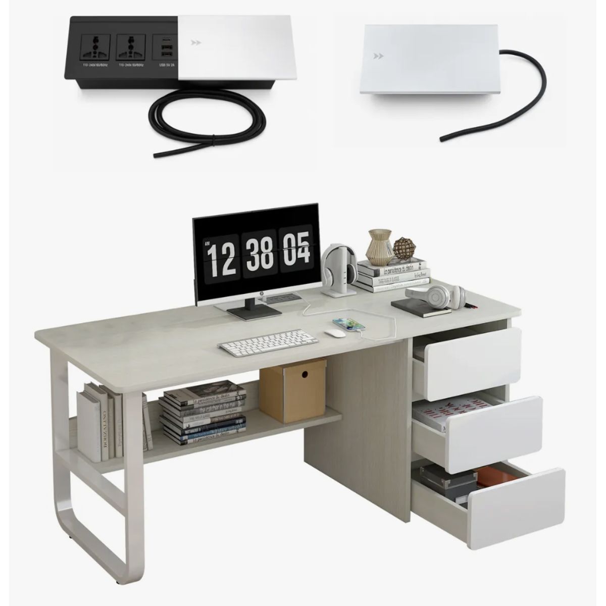 HOMER DESIGN - Escritorio 140cm con Enchufe Tapa Deslizable Integrado