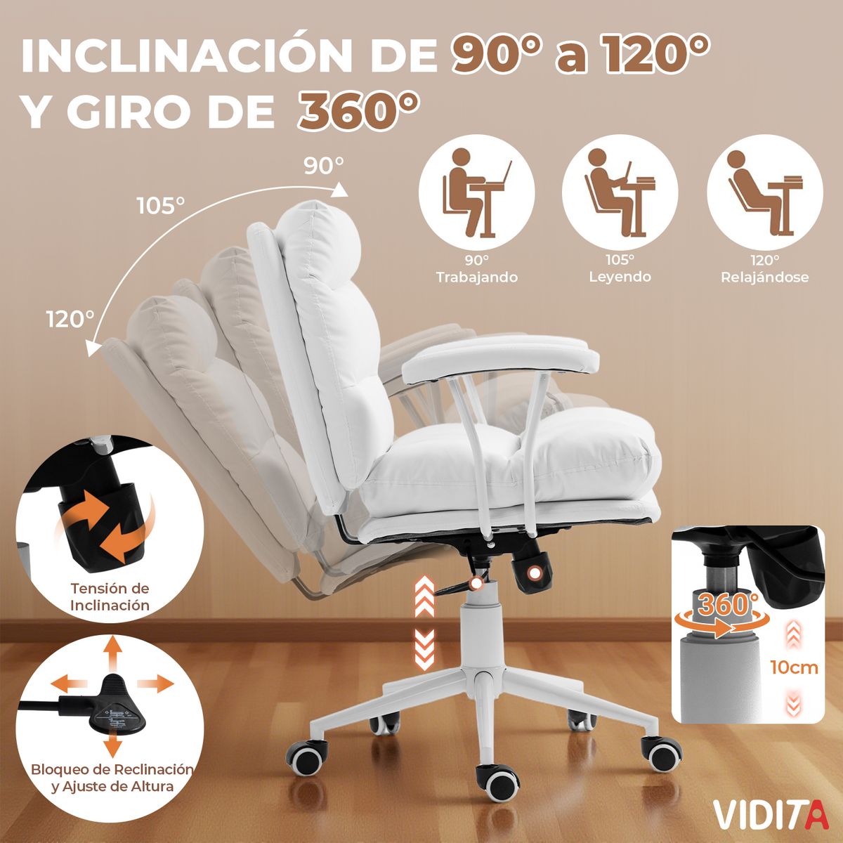 VIDITA - Silla De Escritorio Emilia Pro Ergonomica Cuero Pu Color Blanco