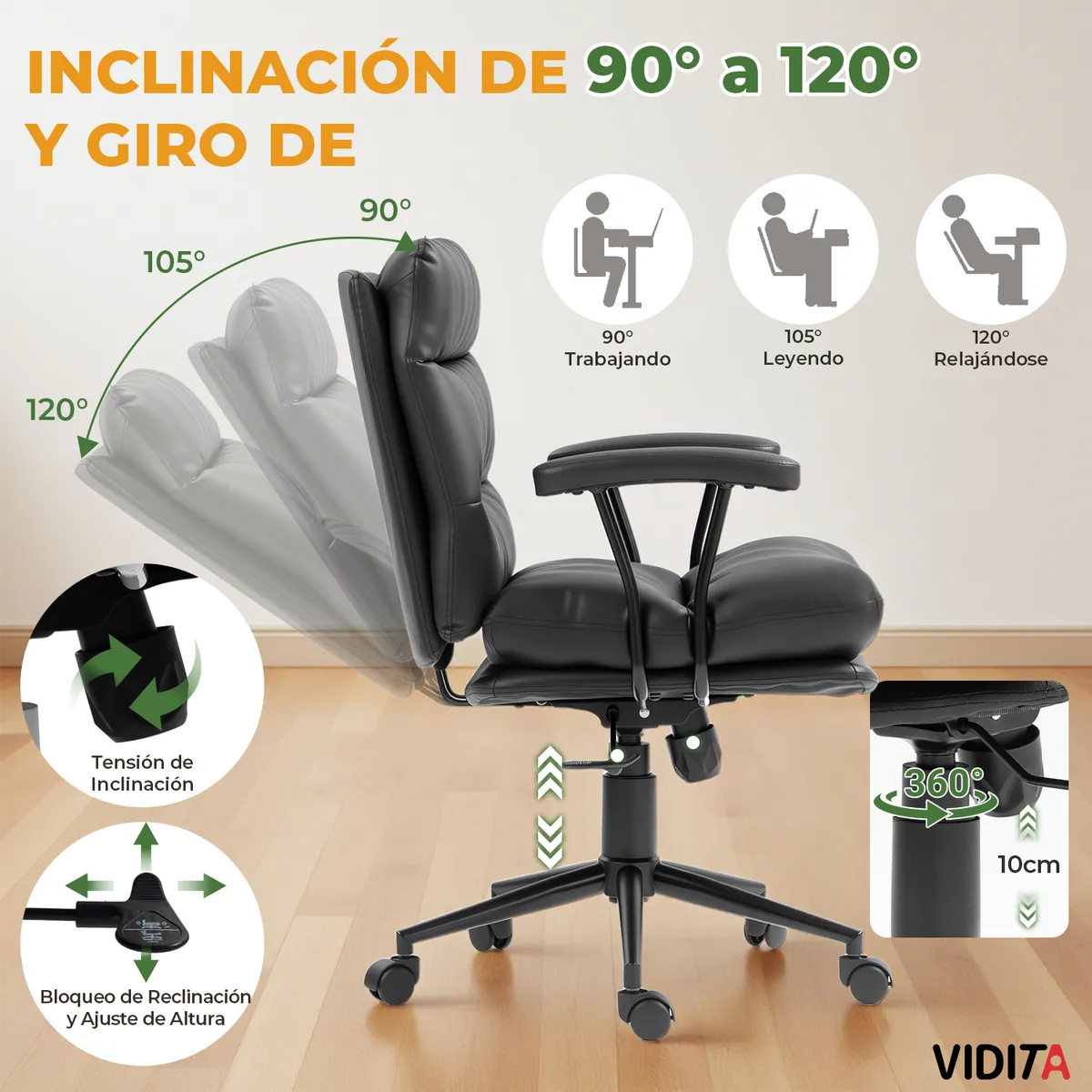 VIDITA - Silla De Escritorio Emilia Pro Ergonomica Cuero Pu Color Negro