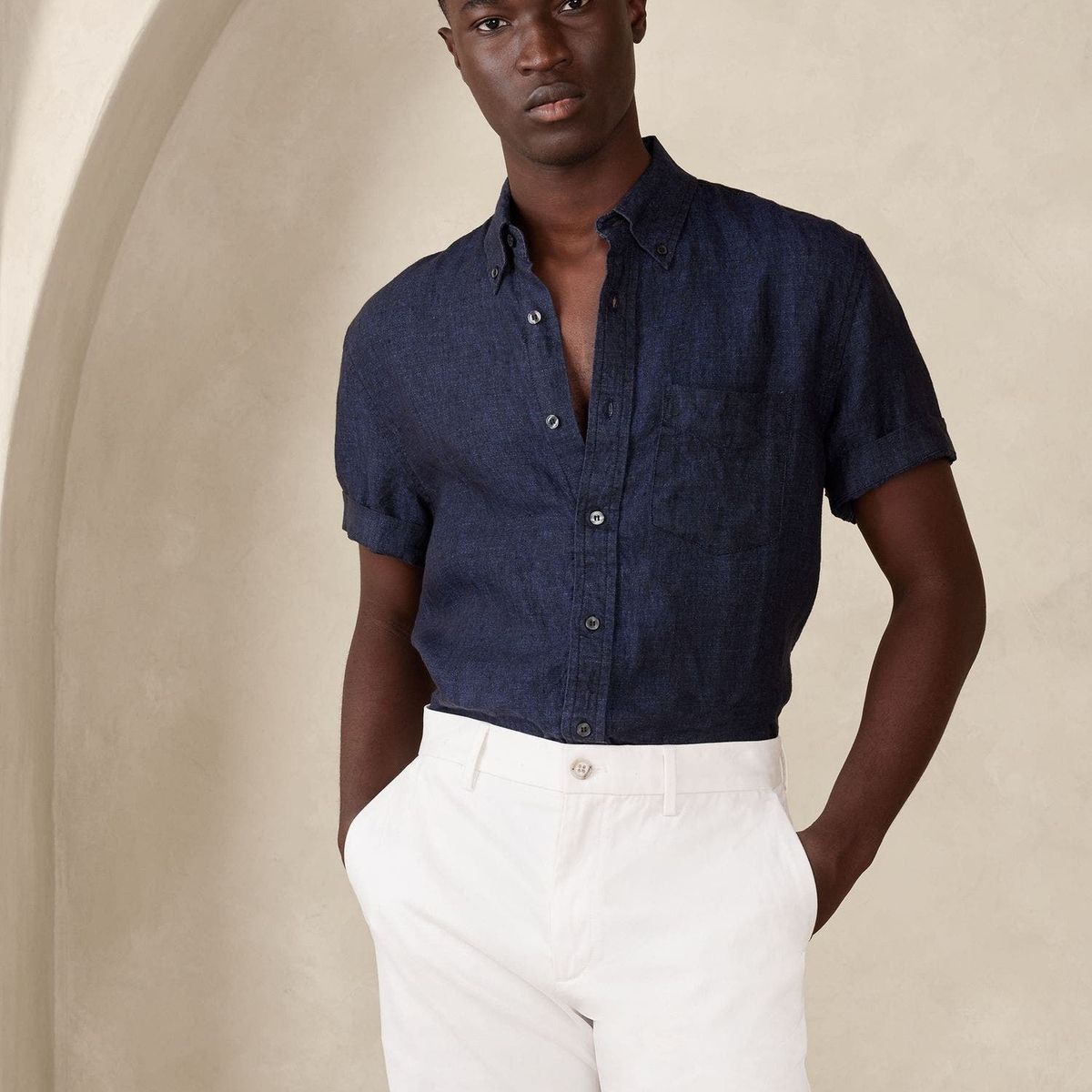 BANANA REPUBLIC - Camisa Hombre Straight Casual Lino Azul Banana Republic