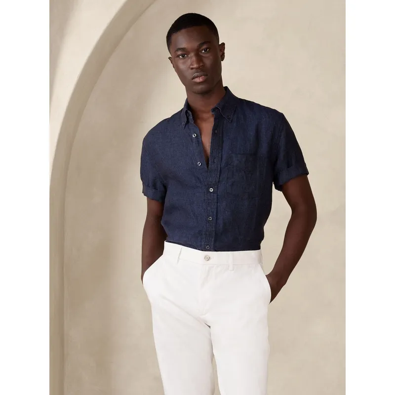BANANA REPUBLIC - Camisa Hombre Straight Casual Lino Azul Banana Republic