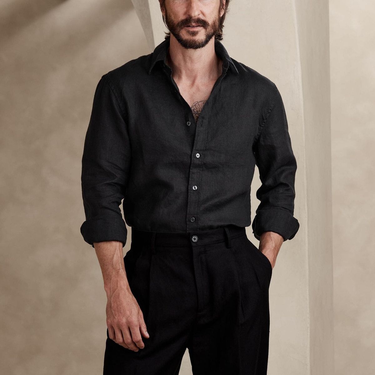 BANANA REPUBLIC - Camisa Hombre Lino Standard Fit Negro Banana Republic