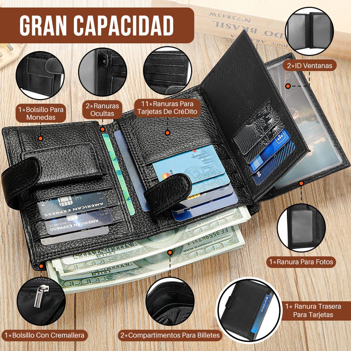 SLOWTON - Cartera Antirrobo Para Hombre Billetera Clip Rfid Cuero