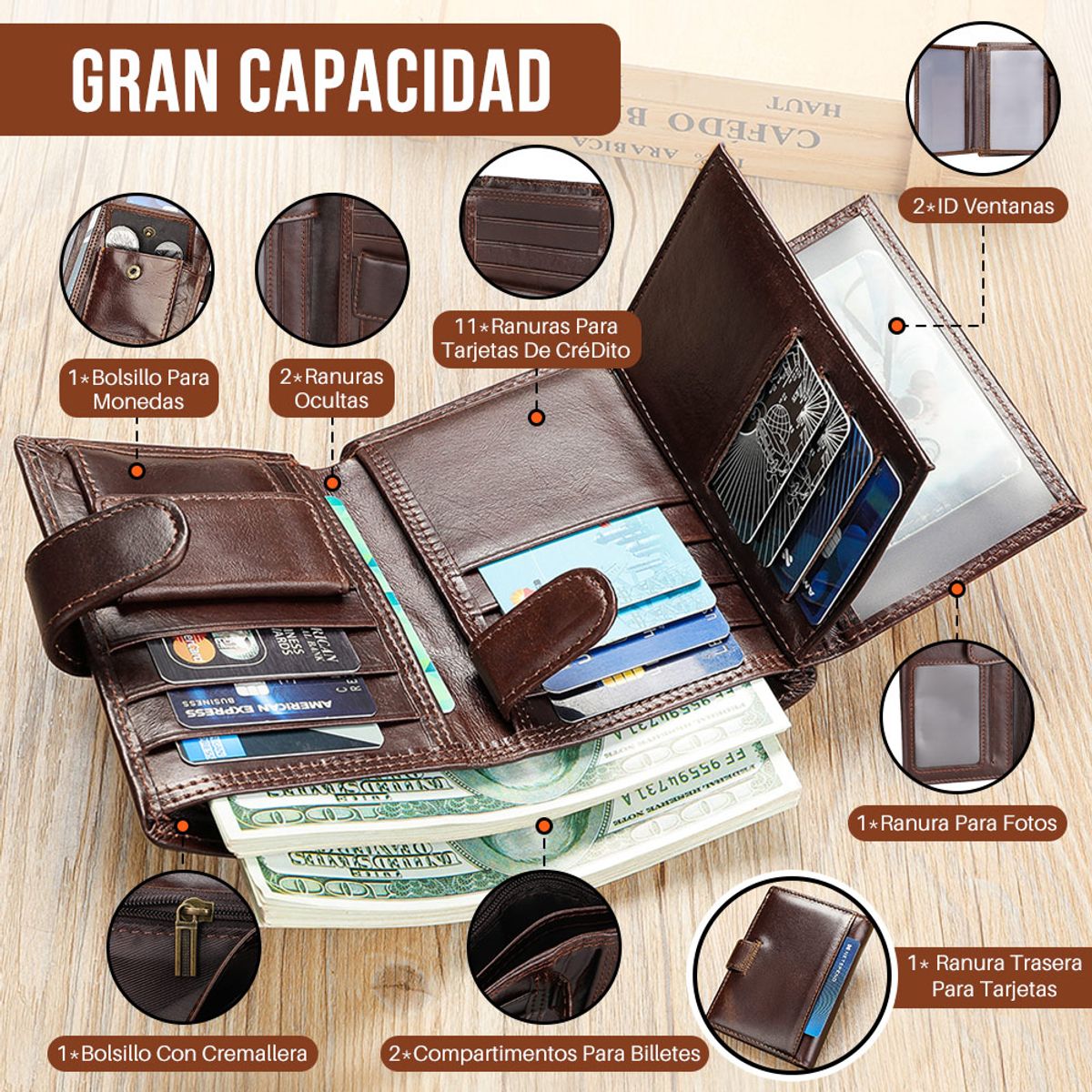 SLOWTON - Cartera Antirrobo Para Hombre Billetera Clip Rfid Cuero