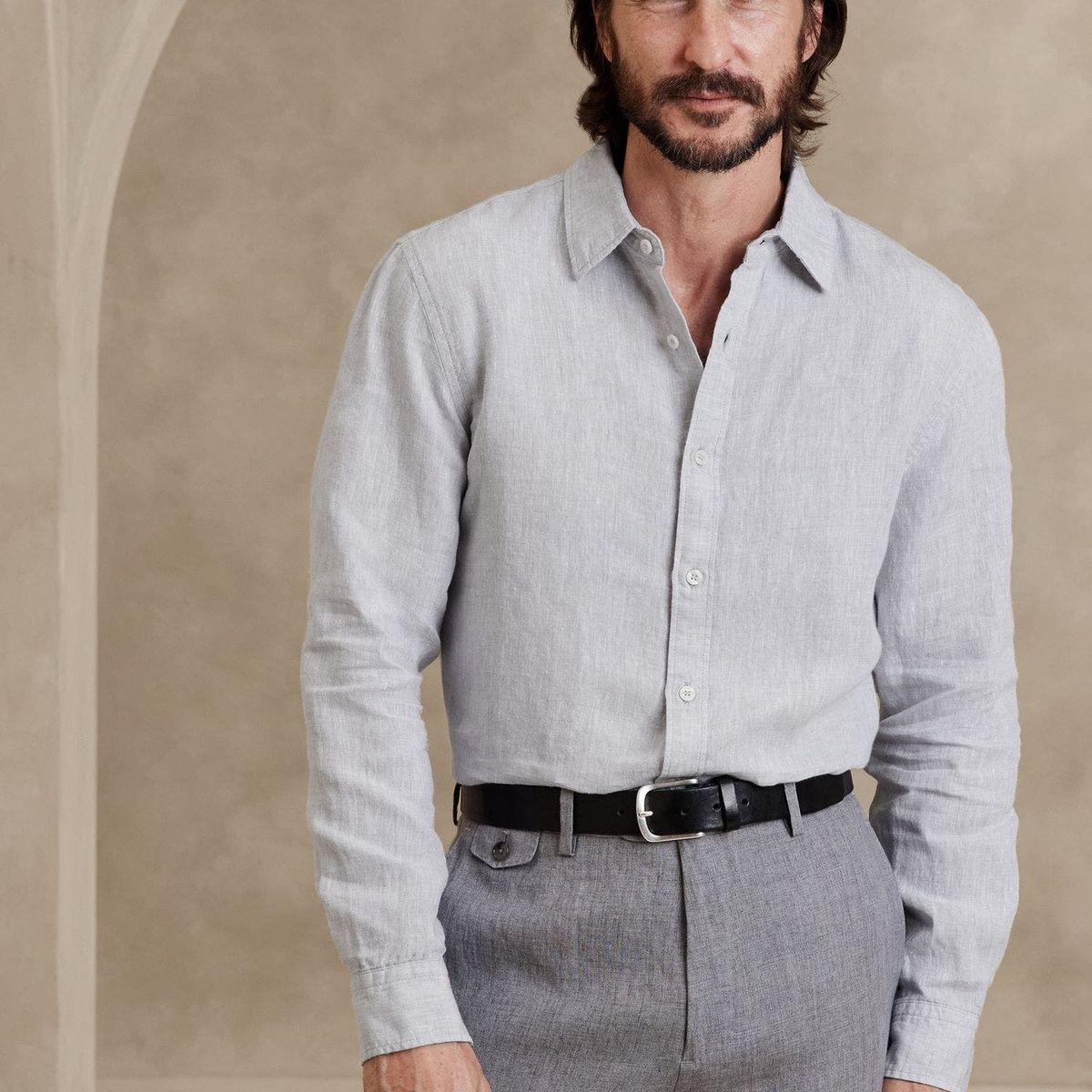BANANA REPUBLIC - Camisa Hombre Straight Casual Lino Castello Gris Banana Republic