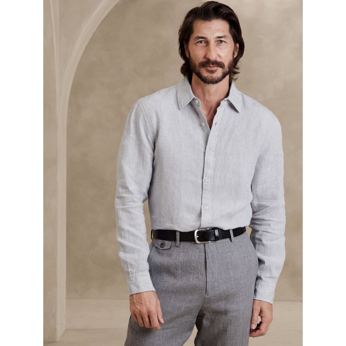 BANANA REPUBLIC - Camisa Hombre Straight Casual Lino Castello Gris Banana Republic