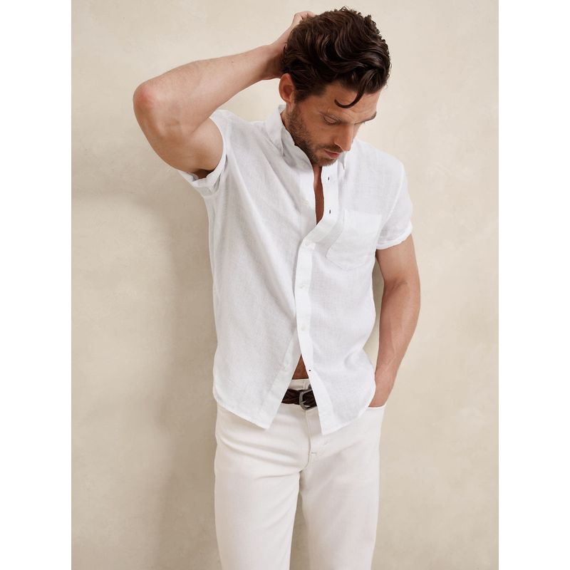 BANANA REPUBLIC - Camisa Hombre Straight Casual Lino Blanco Banana Republic