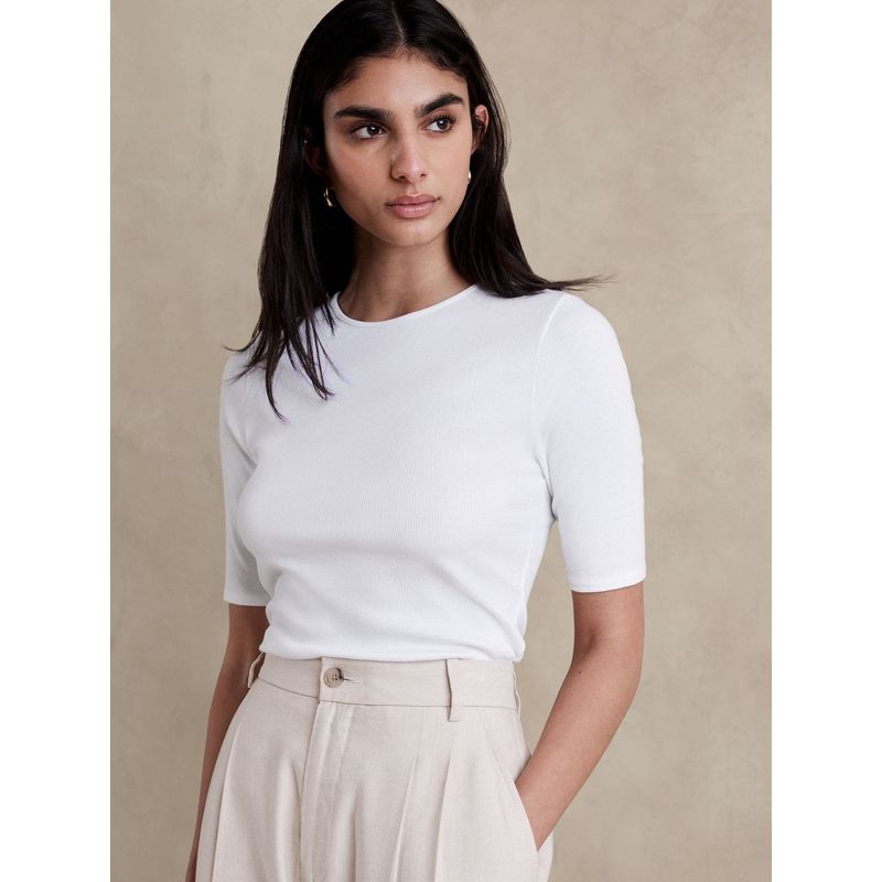 BANANA REPUBLIC - Polera Mujer Ribbed Elbow-Sleeve Blanco Banana Republic