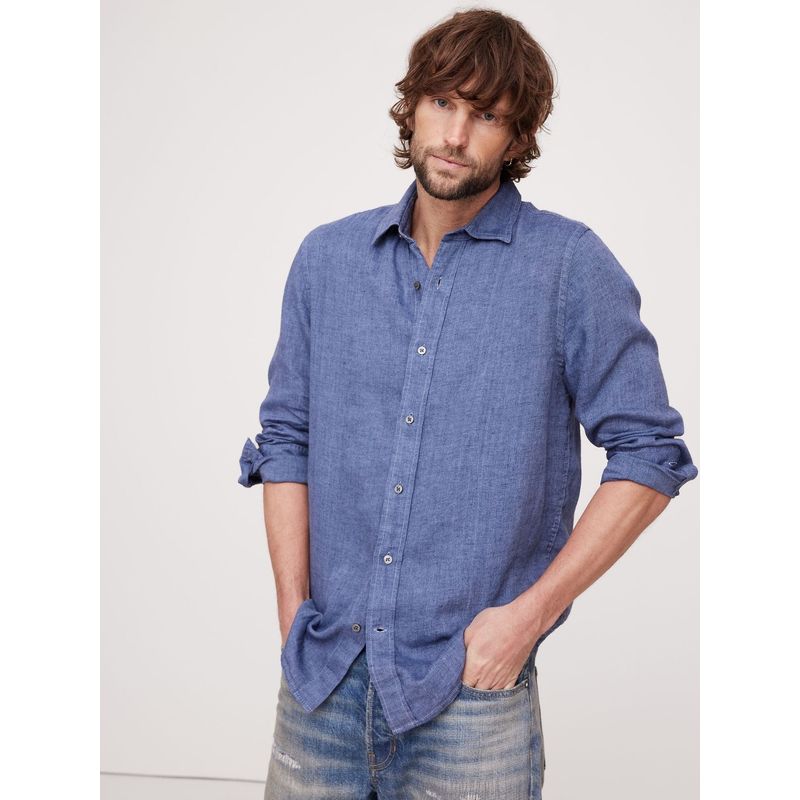 BANANA REPUBLIC - Camisa Hombre Straight Casual Lino Castello Azul Banana Republic
