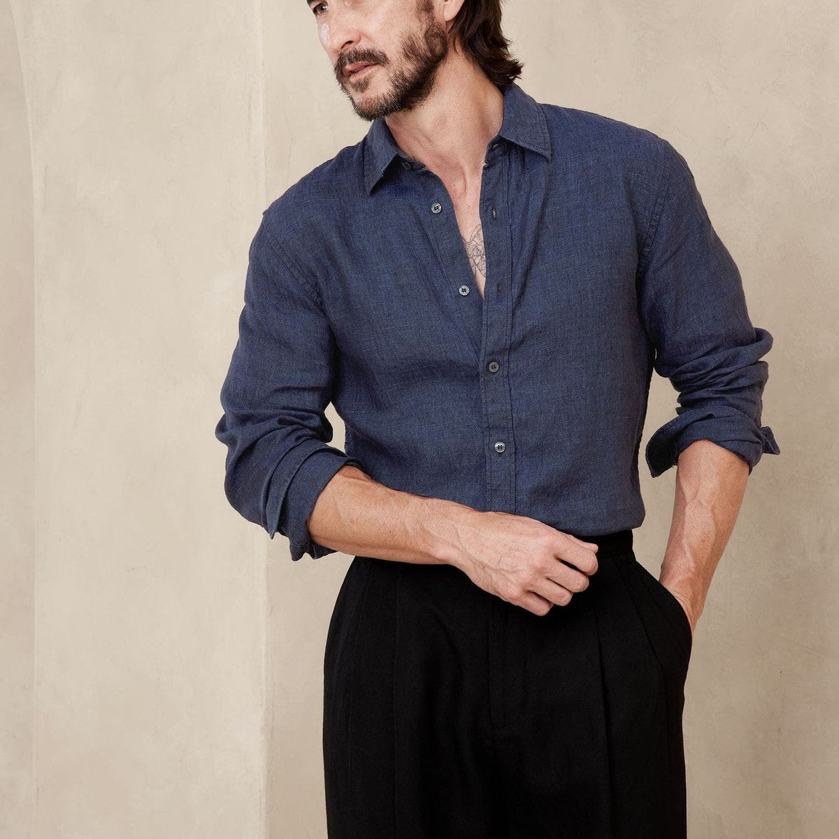 BANANA REPUBLIC - Camisa Hombre Standard Castello Lino Azul Banana Republic