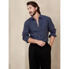 BANANA REPUBLIC - Camisa Hombre Standard Castello Lino Azul