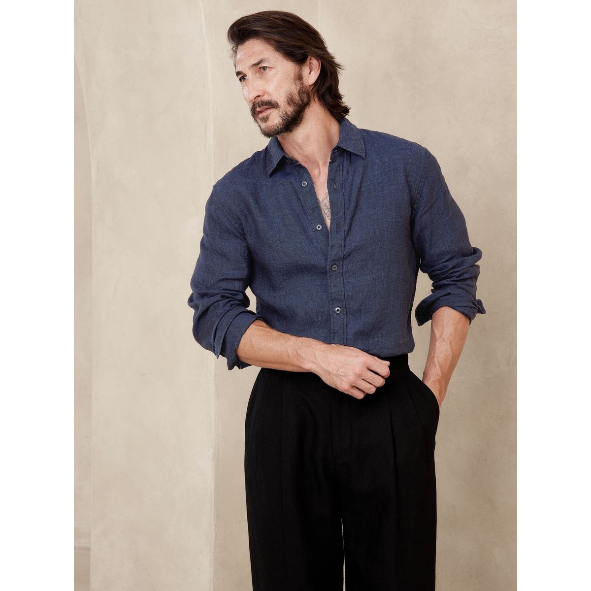 BANANA REPUBLIC - Camisa Hombre Standard Castello Lino Azul Banana Republic