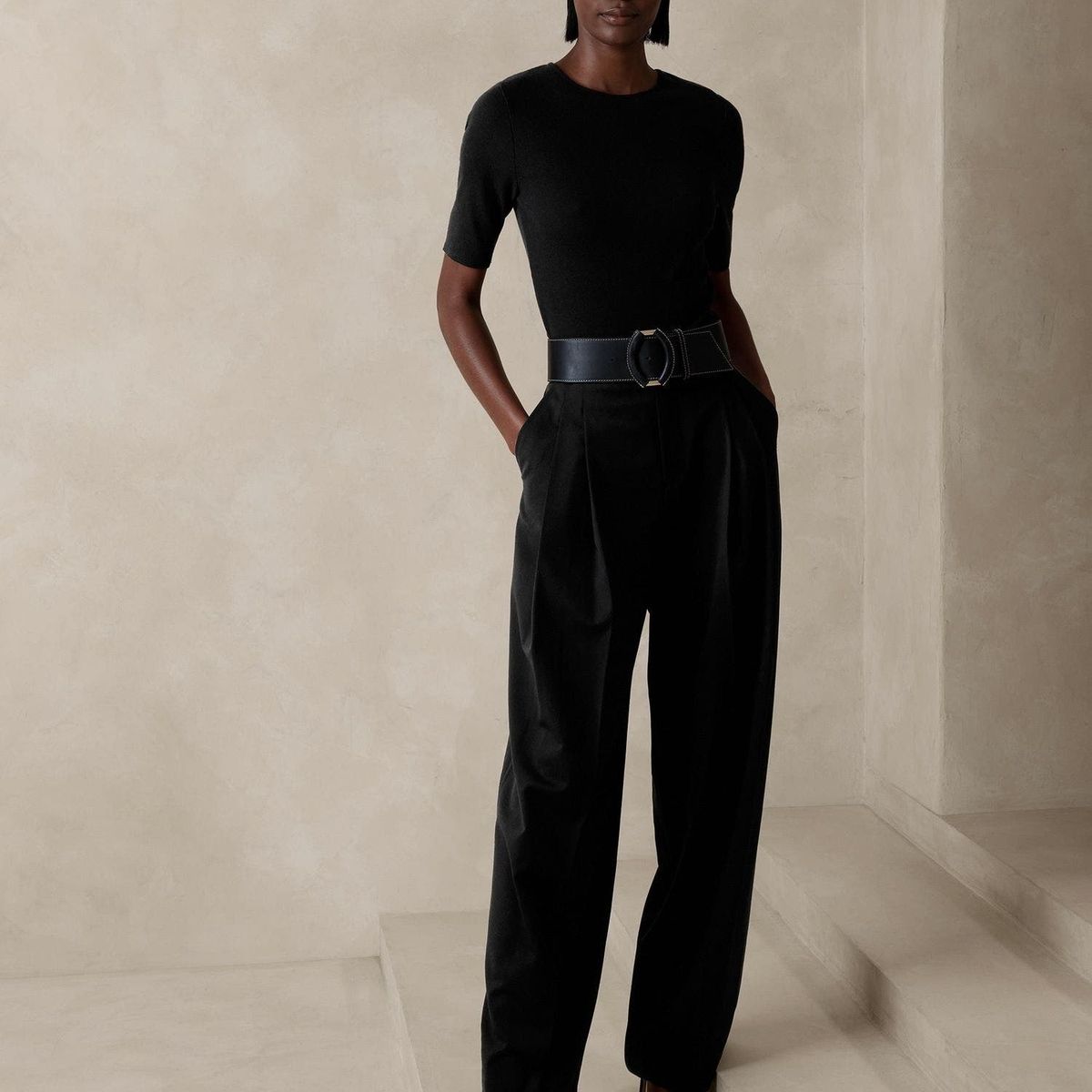 BANANA REPUBLIC - Polera Mujer Ribbed Elbow-Sleeve Negro Banana Republic