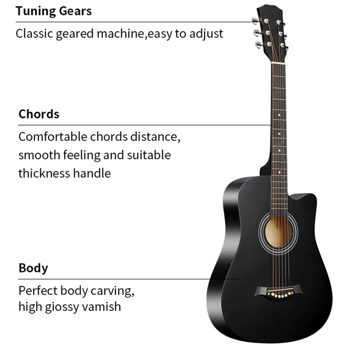 U BUY - Guitarra acústica negra de 38 pulgadas