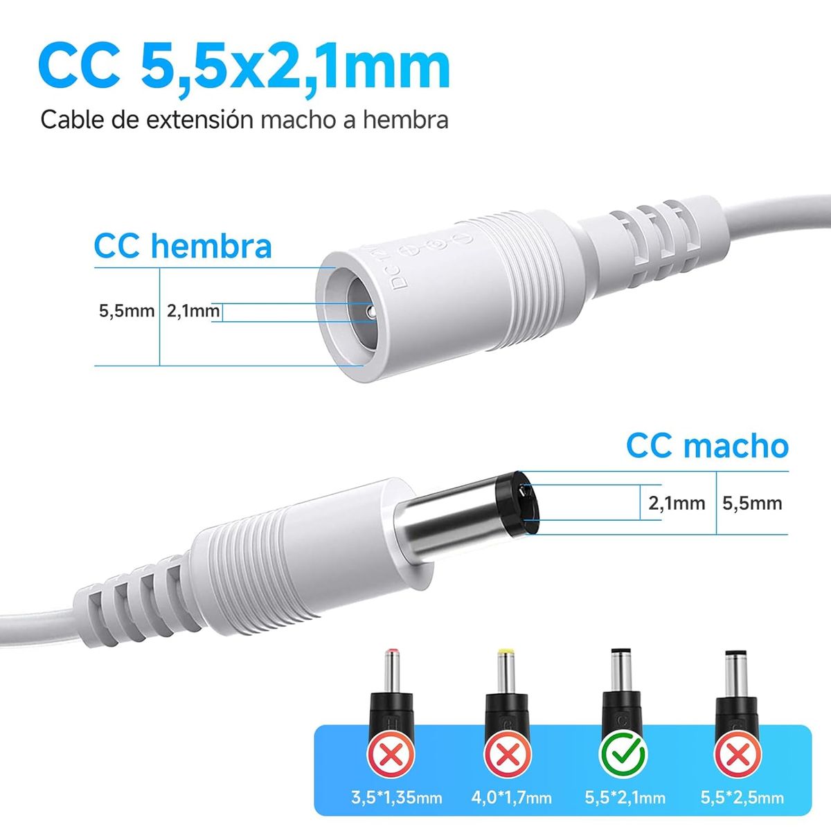 KUANGYE - Cable Extensión 20 Metros Para Cámara Cctv Dc 5,5mm X 2,1mm