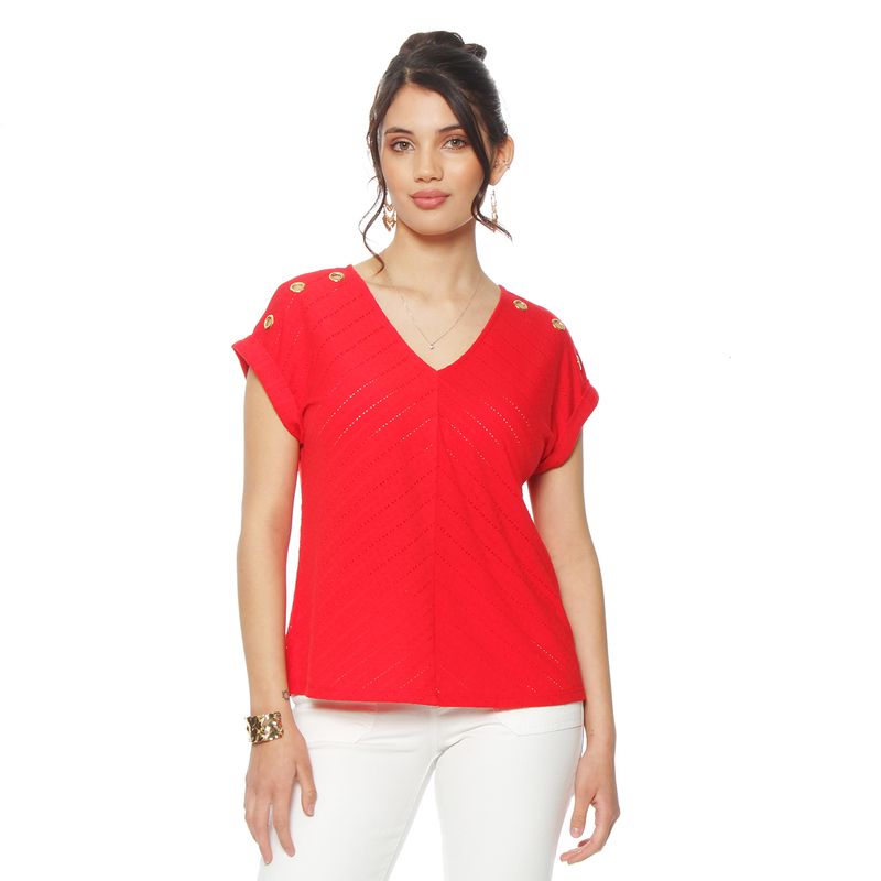 WADOS - POLERA MANGA CORTA SOLIDO ESCOTE V CON OJETILLO