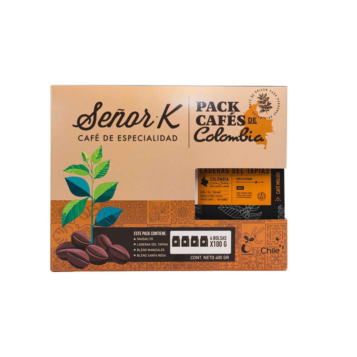 SEÑOR K - Pack Cafés de Colombia Grano Entero 4x100G