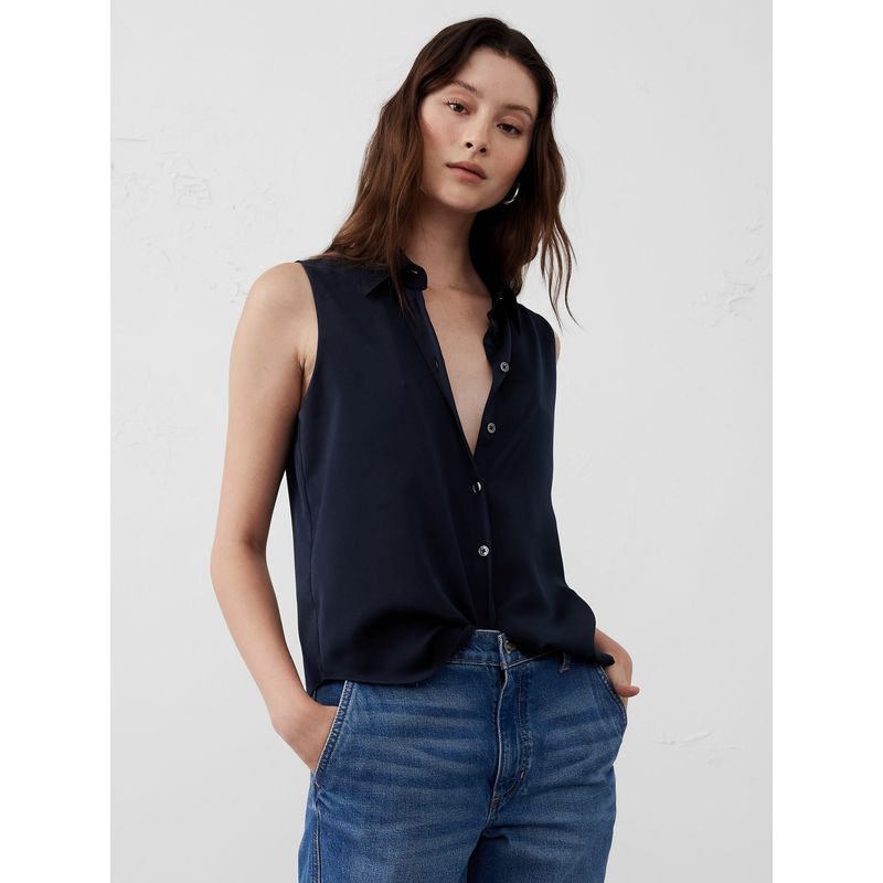 BANANA REPUBLIC - Blusa Mujer Seda Collar Azul Banana Republic