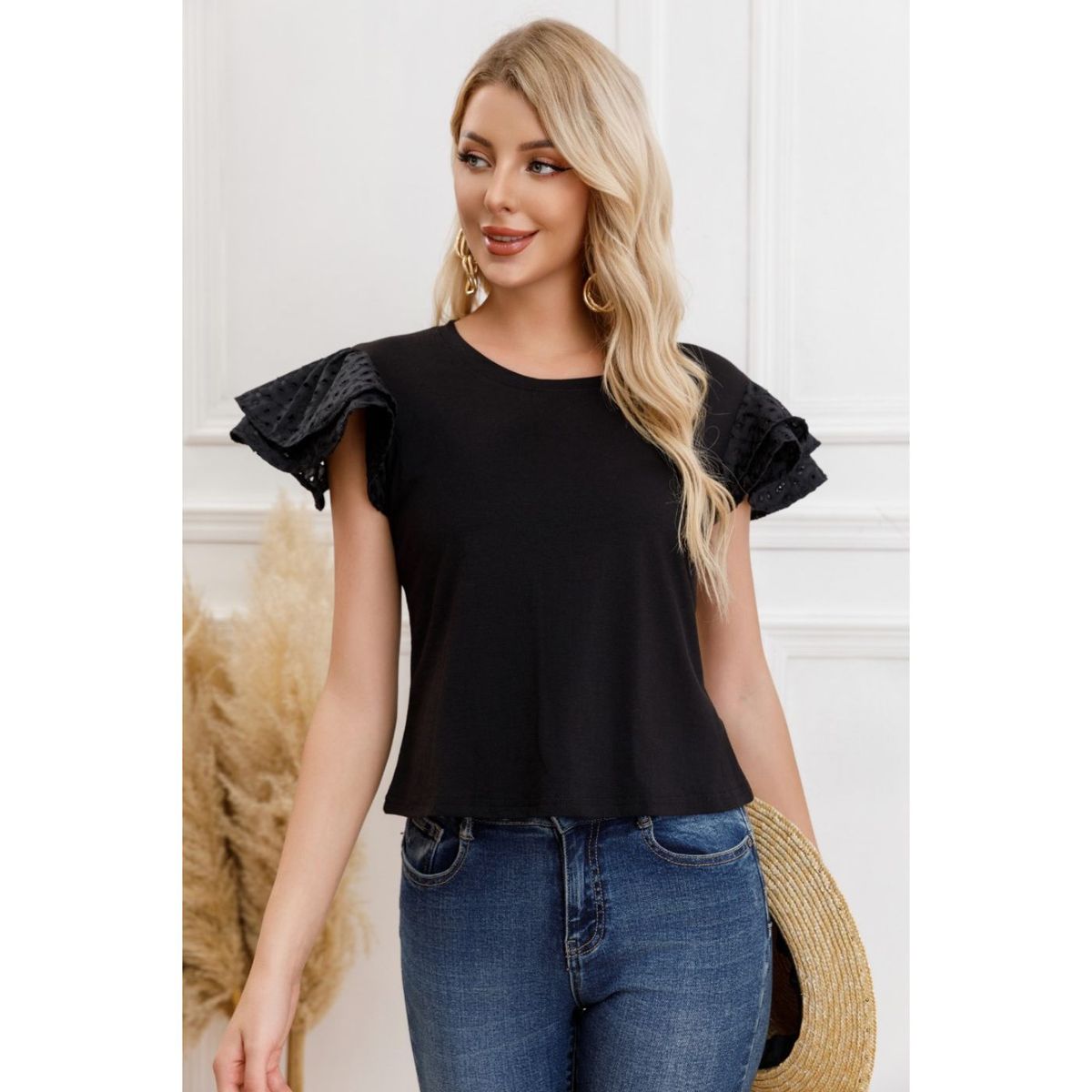 LIKE SHOP - Polera Mujer Algodon Elasticada Manga Corta Broderie 3316