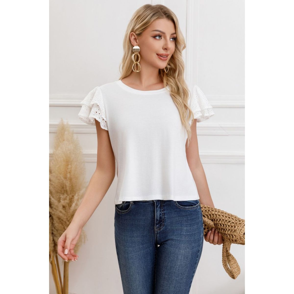 LIKE SHOP - Polera Mujer Algodon Elasticada Manga Corta Broderie 3316