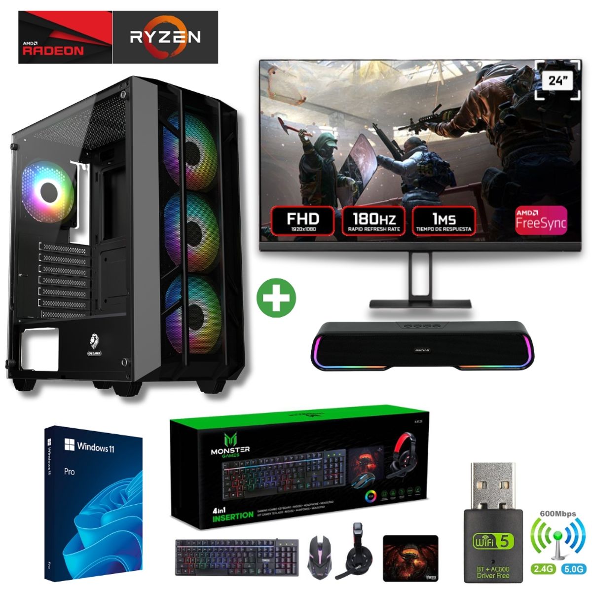 AMD CORP - Pc Gamer Ryzen 7 5700X - 16GB - RX 9060XT - 1TB (Parlante + Monitor 24") PRO