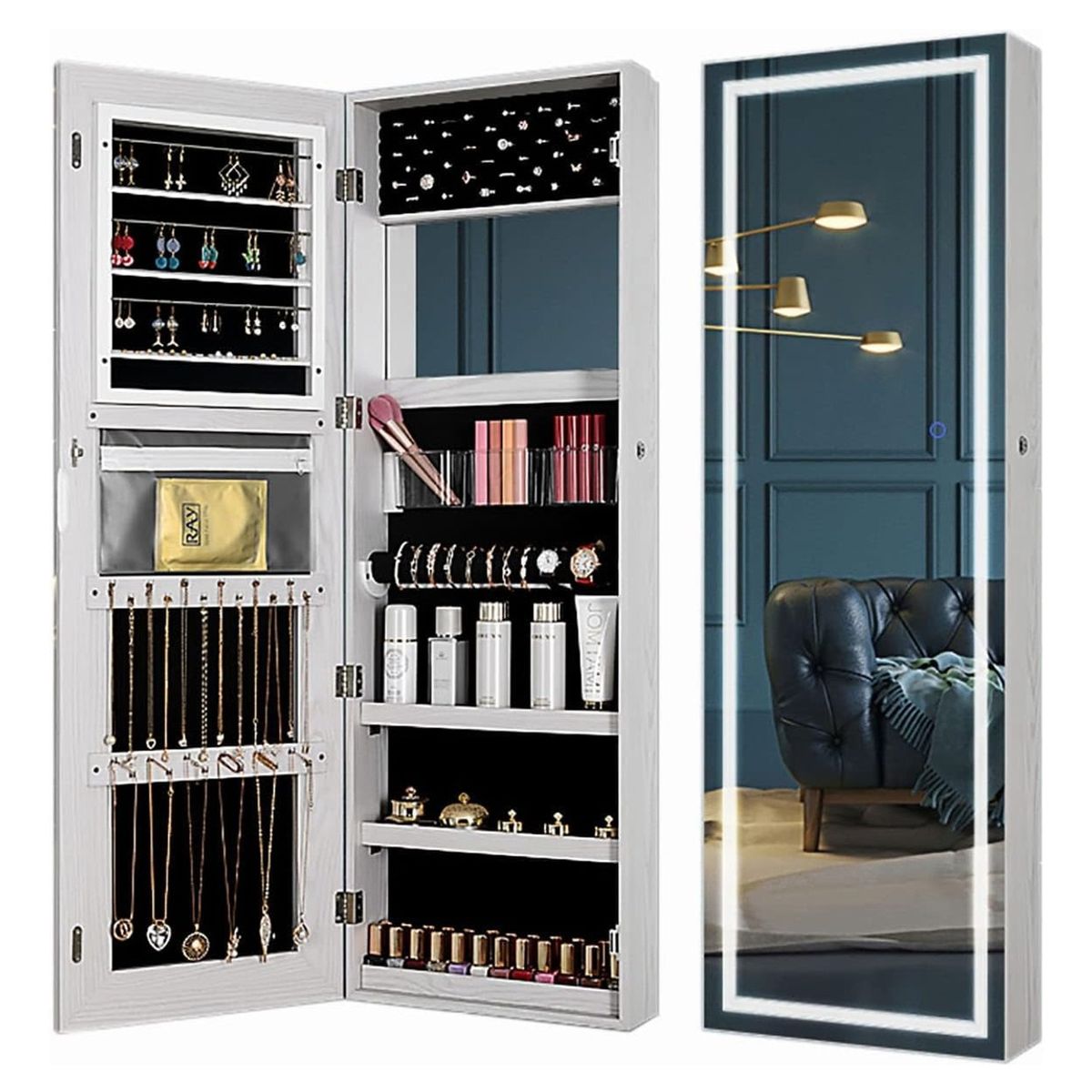 RAGNAR - Espejo Joyero De Pared Organizador Blanco Con Luz Led