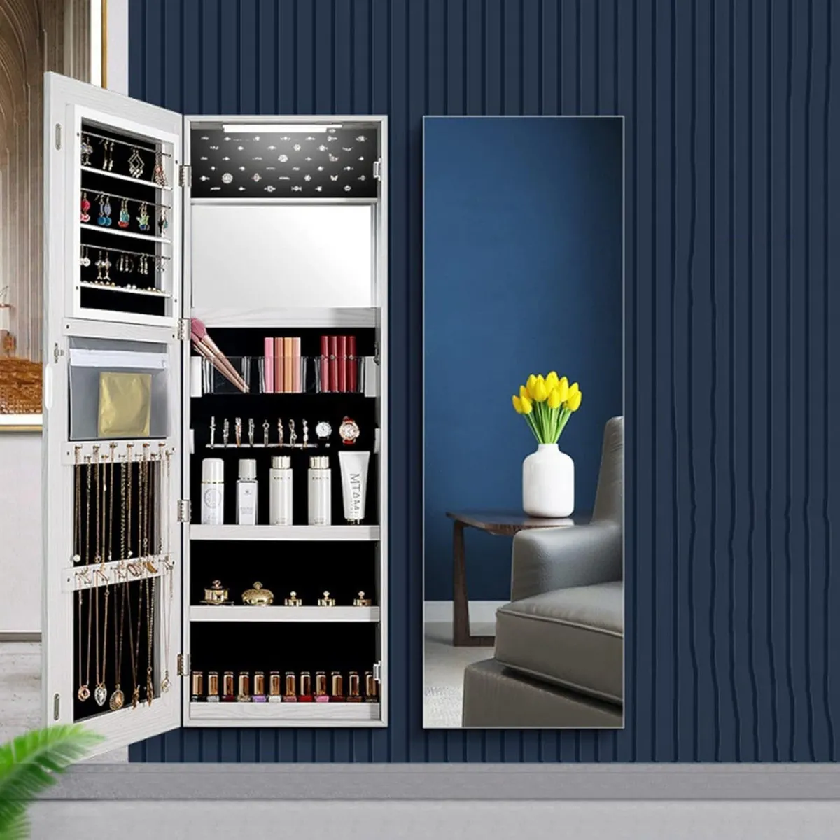 RAGNAR - Espejo Joyero De Pared Organizador Blanco Con Luz Led