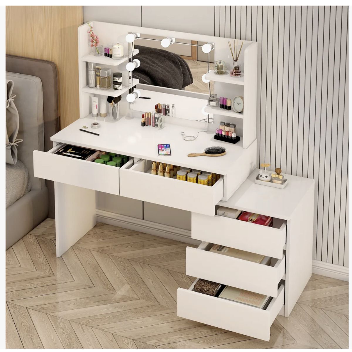 HOMER DESIGN - Tocador Con Luz Hollywood Cajonera Extendible Y Organizador