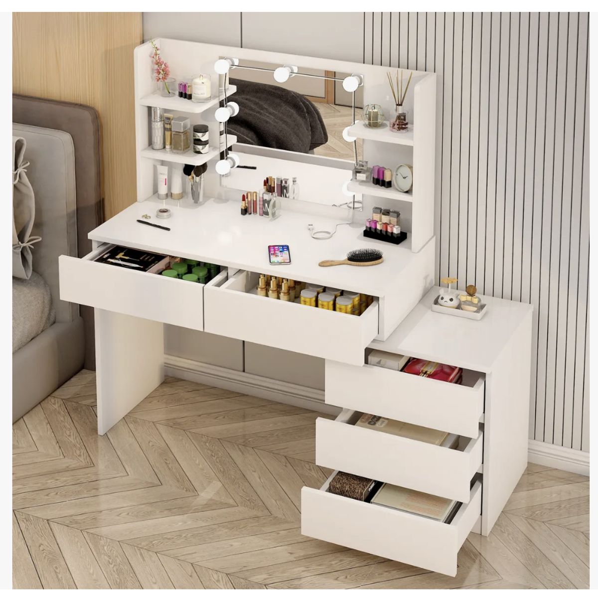 HOMER DESIGN - Tocador Con Luz Hollywood Cajonera Extendible Y Organizador