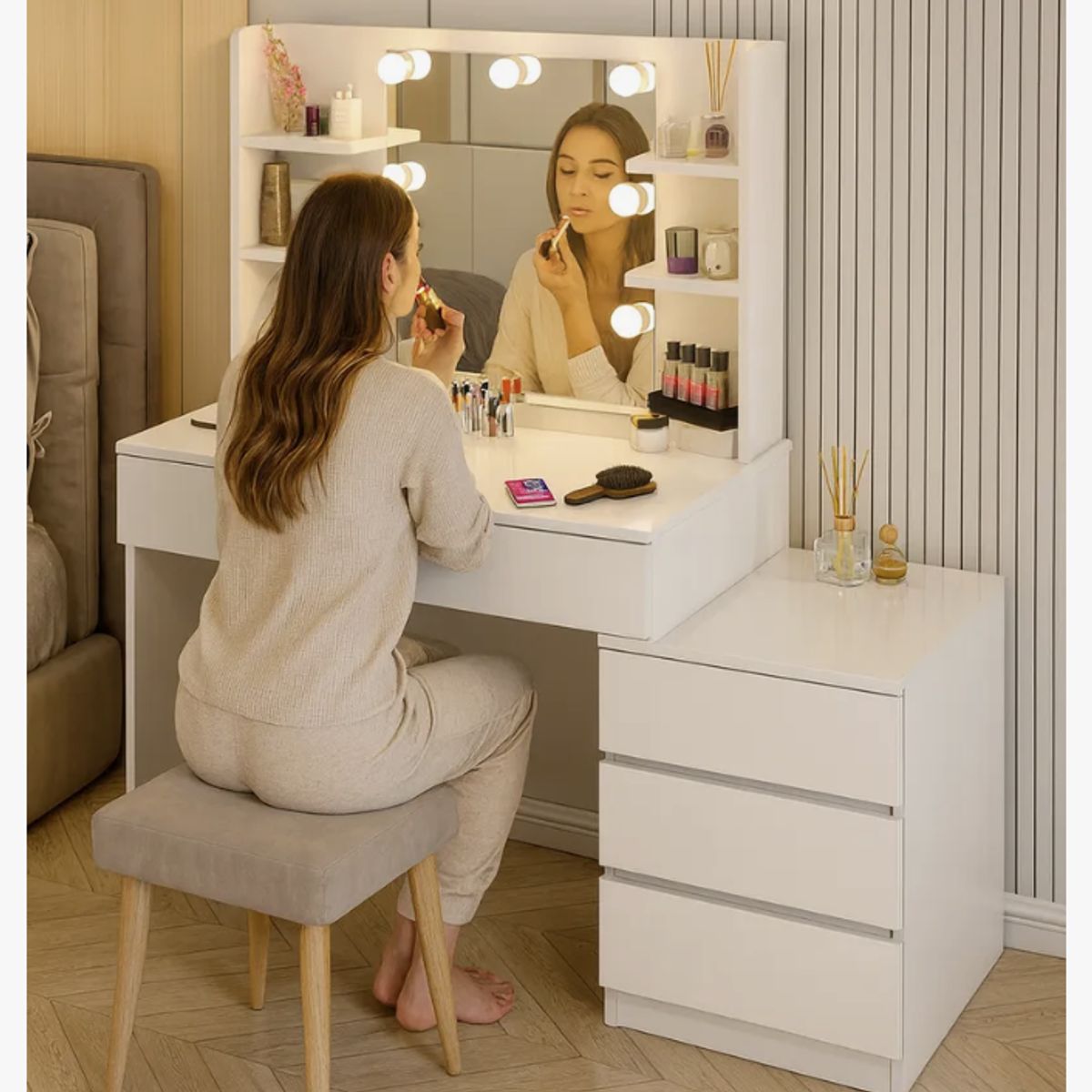 HOMER DESIGN - Tocador Con Luz Hollywood Cajonera Extendible Y Organizador