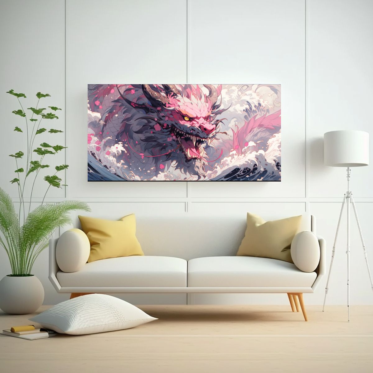 GENERICO - Fotografía Luminosa Dragón Blanco Y Rosa En 140x70 Cm