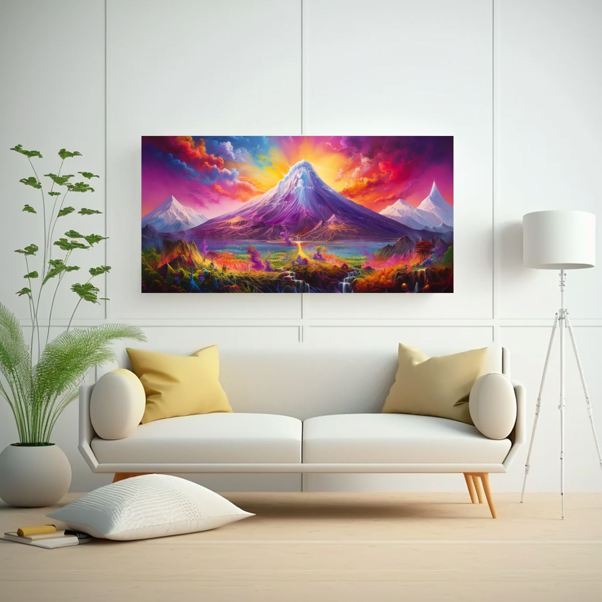 GENERICO - Pintura Abstracta Acuarela Volcán Y Arcoíris 120x60 Cm