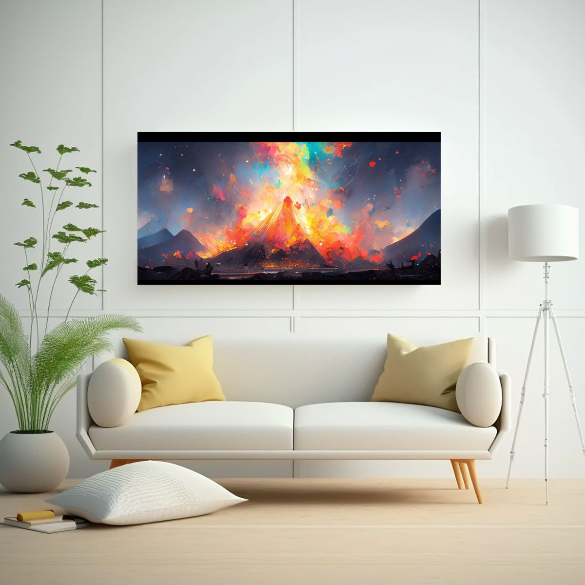 GENERICO - Cuadro Lienzo Expresión Volcán Arco Iris Negro 140x70 Cm