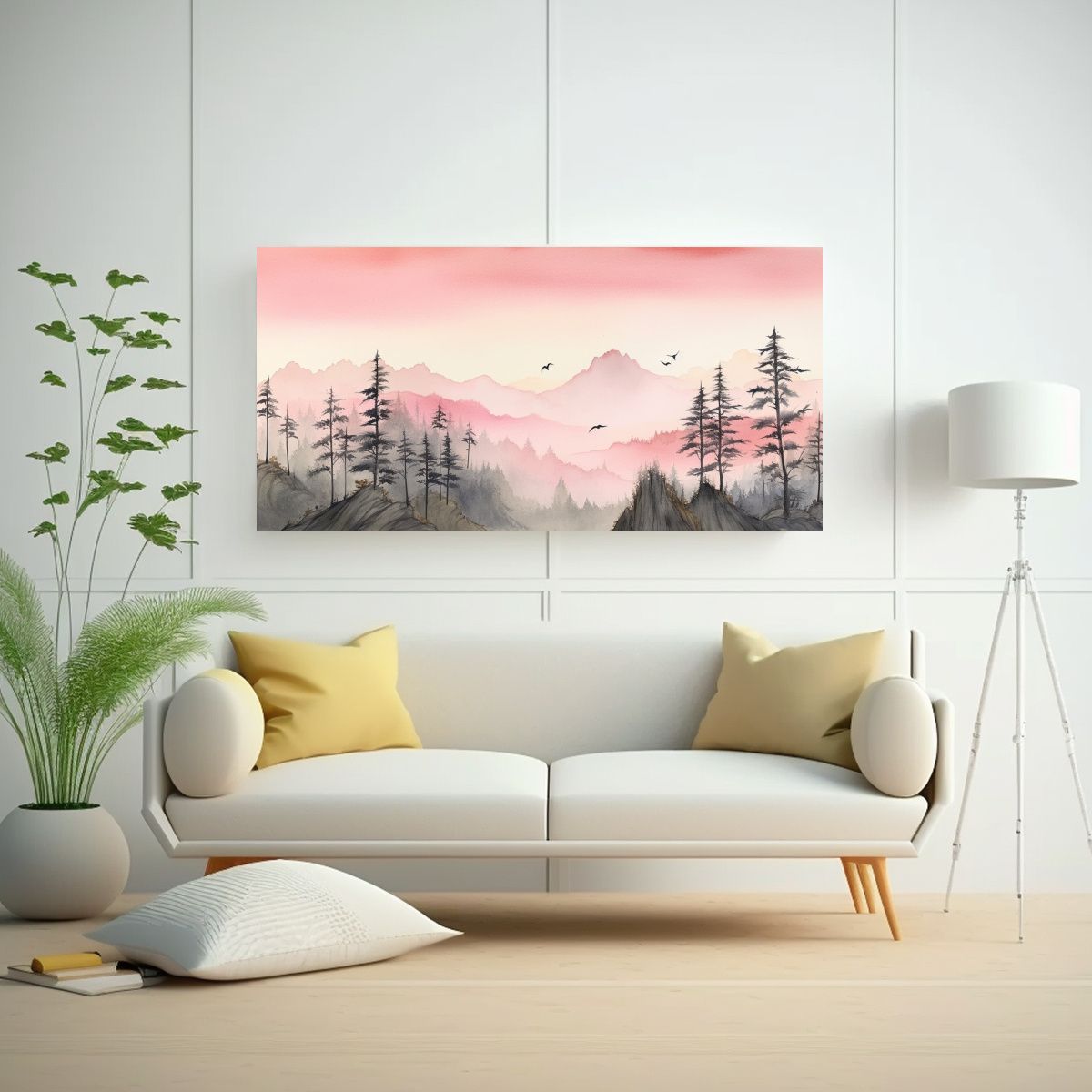 GENERICO - Pintura Acuarela De Árbol Minimalista Rosa Con 120x60 Cm.