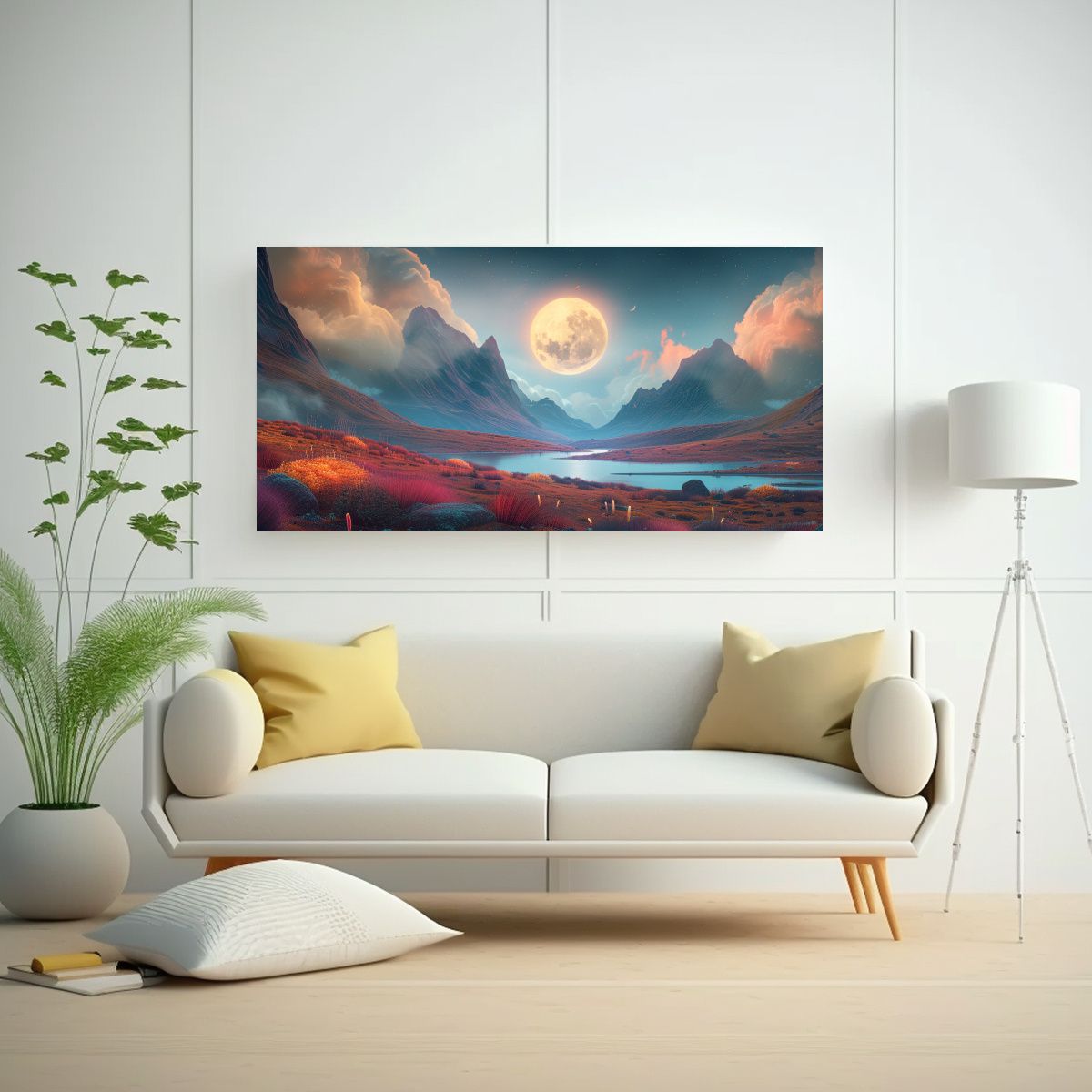 GENERICO - Paisaje Nocturno Con Gran Luna Sobre Un Valle 140x70 Cm
