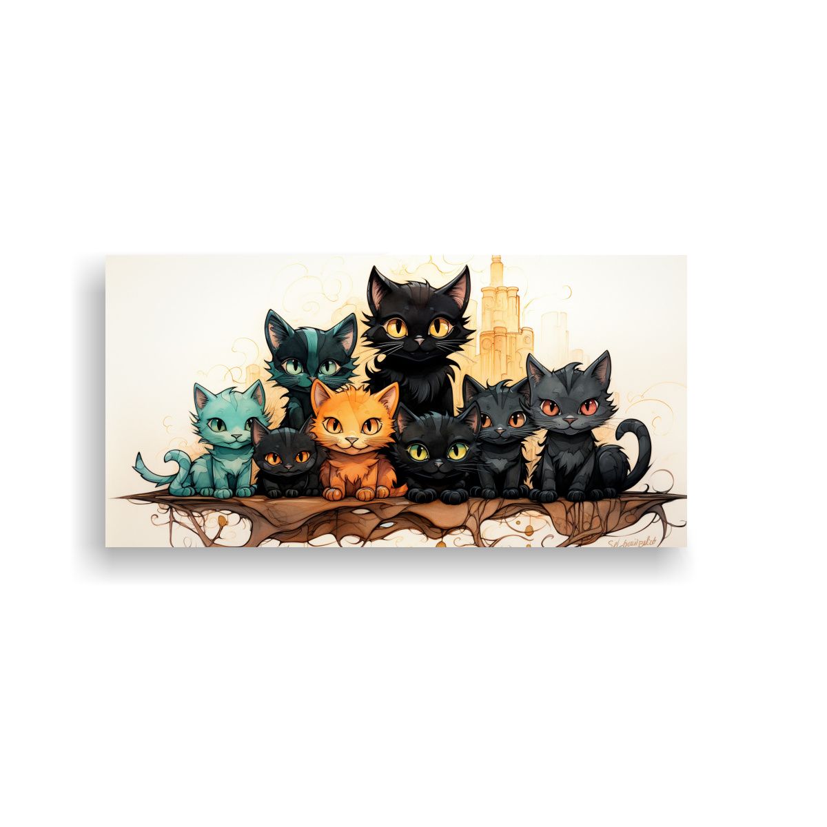 GENERICO - Cuadro Dibujo Gatos Negros Lindos En Pila Mirando 120x60 Cm.