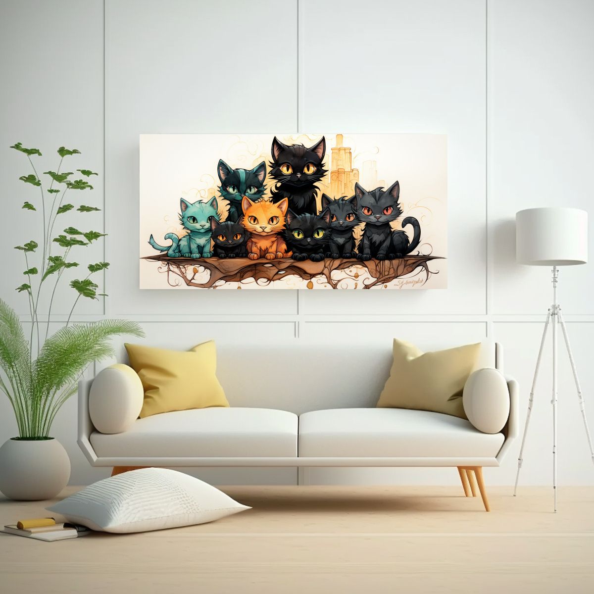 GENERICO - Cuadro Dibujo Gatos Negros Lindos En Pila Mirando 120x60 Cm.