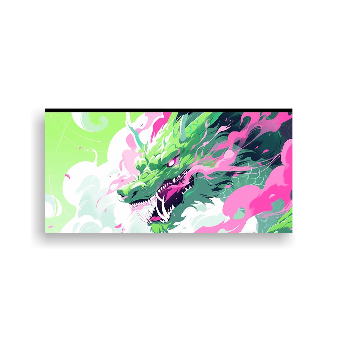 GENERICO - Cuadro Impreso Dragón Verde Y Rosa Neonoir 140x70 Cm.
